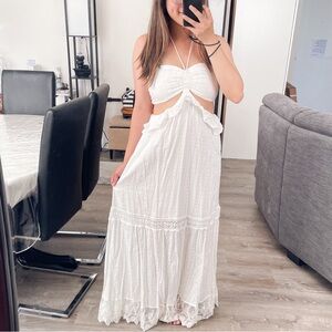 New Without Tags White Polka Dot Lace Cut Out Halter Maxi Dress